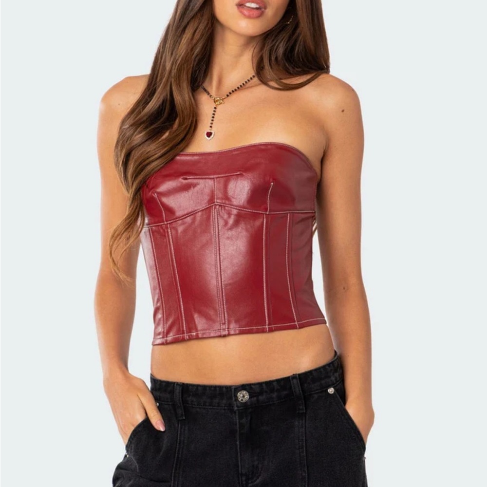 EDIKTED Moss Faux Leather Lace-up Corset
